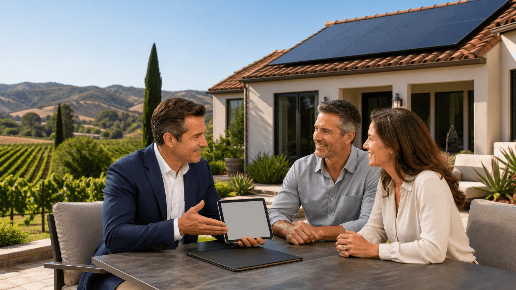 Temecula home with rooftop solar panels under a golden California sunset, framed by palm trees.