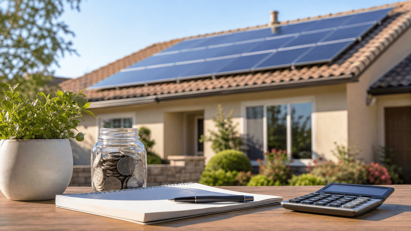 Sunlit rooftop solar panels beside a clipboard and calculator on a desk, with a blurred suburban neighborhood in back.