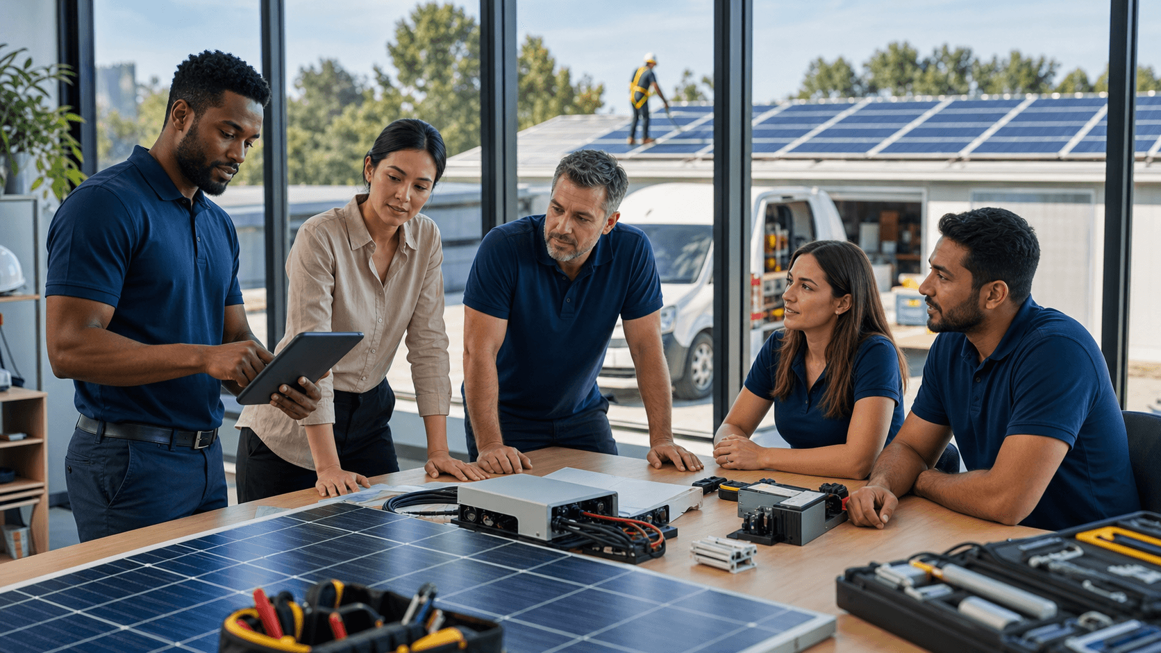 Sunlit rooftop with blue solar panels and a technician holding a clipboard, bright sky in the background
