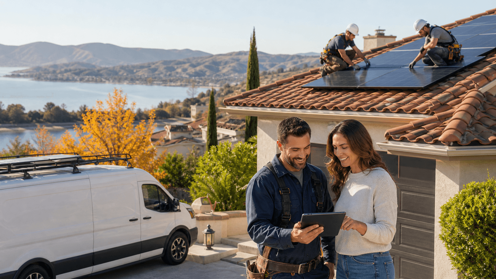 Solar panels on a sunlit suburban roof overlooking Lake Elsinore and golden fall hills.