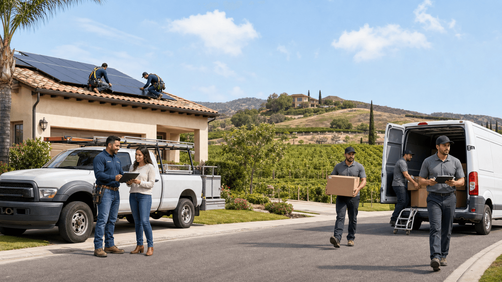 Split-screen illustration of two homes with rooftop solar, one with a small van, the other with a big truck, sunny sky.