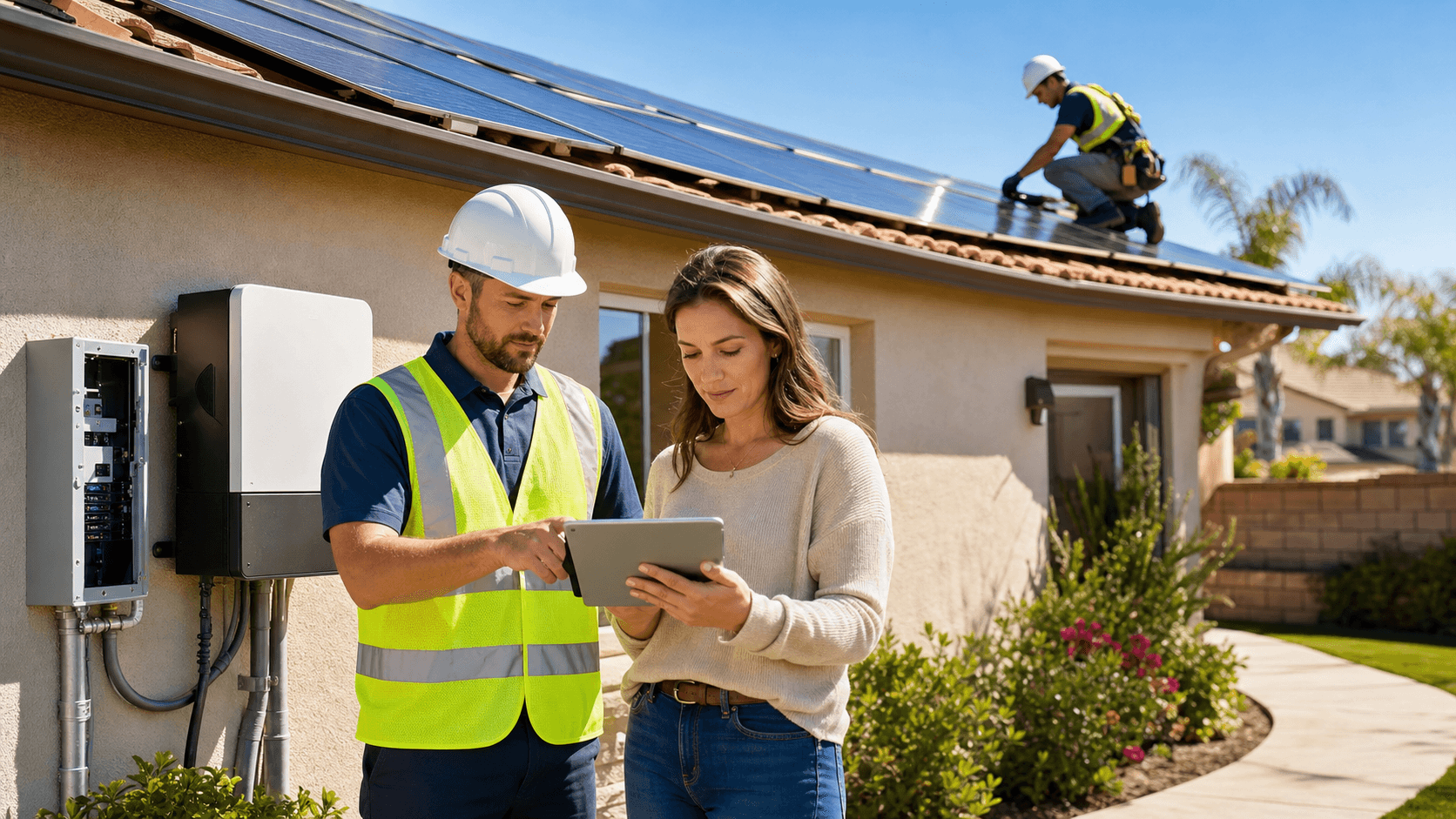 Sunlit rooftop with blue solar panels and a clipboard of warranty papers against a clear desert sky.