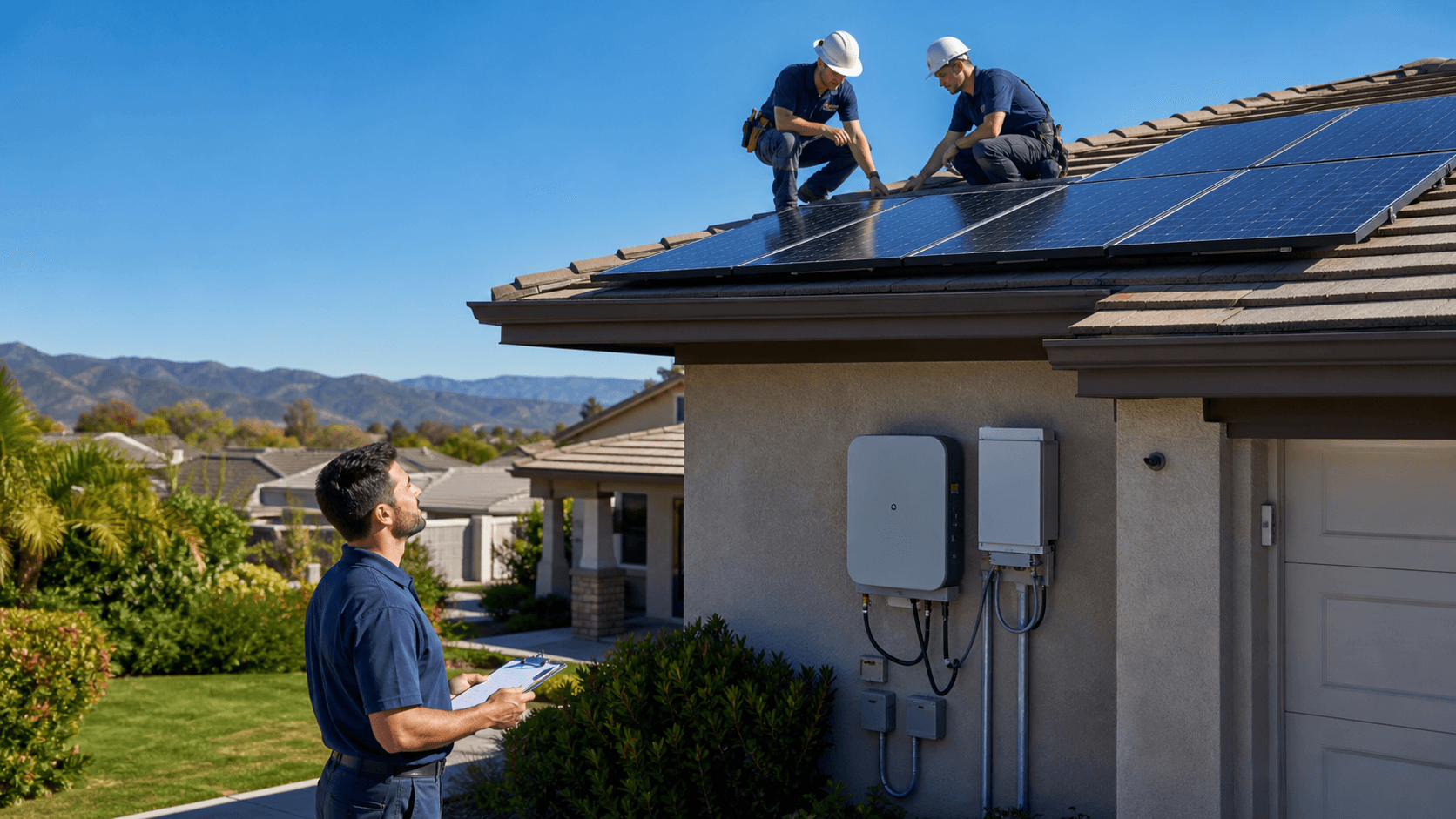 Sunlit rooftop solar panels beside a clipboard checklist, warranty document, and modern suburban home.