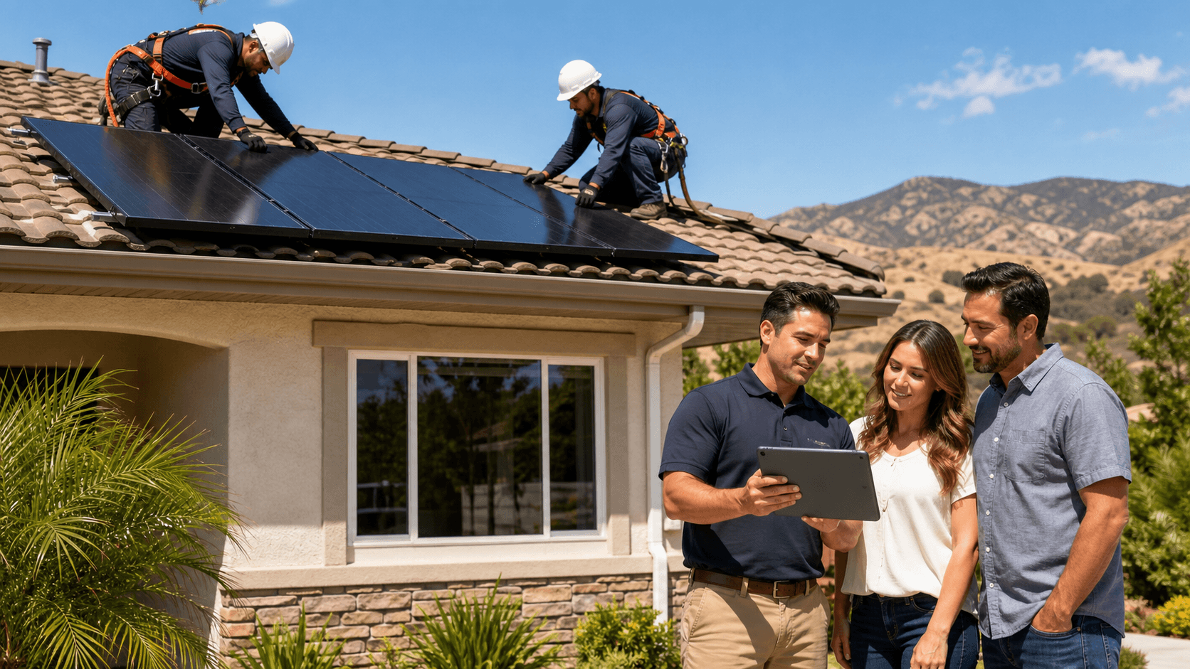 Sunlit rooftop solar panels overlooking Murrieta homes and rolling hills beneath a clear blue sky.