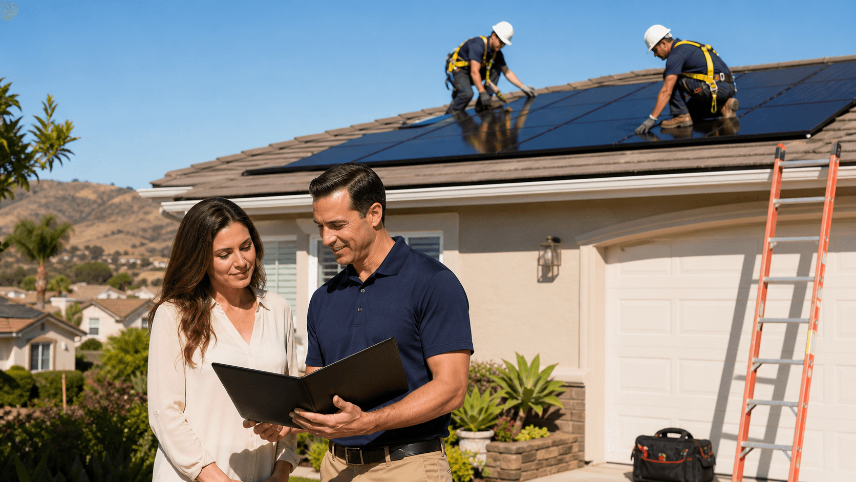 Sunlit suburban roof with blue solar panels, warranty documents, and two workers comparing installation plans.
