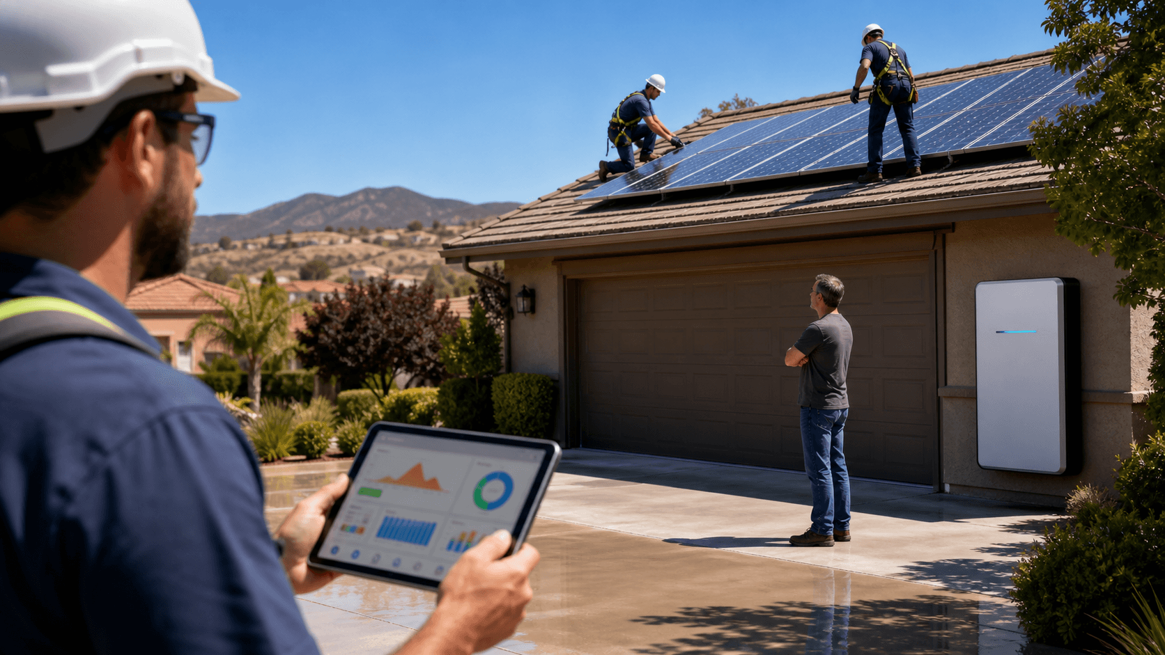 Modern home with rooftop solar panels under bright sun, smart thermostat overlay, and hazy desert hills in background