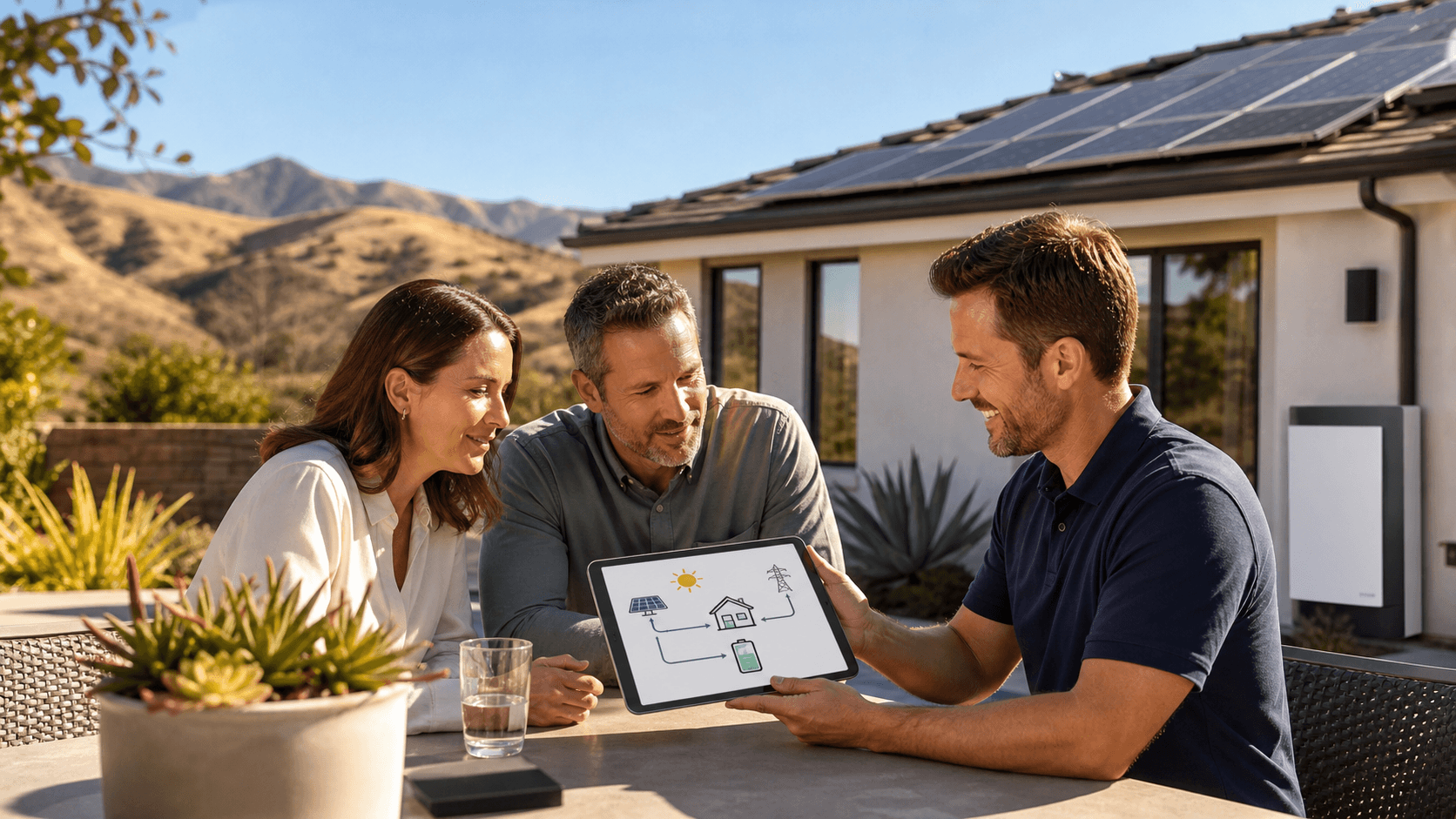 Rooftop solar panels on a sunlit Murrieta home beneath a clear blue sky and distant hills.